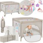 Lionelo 2-in-1 Laufstall und Reisebett mit Matratze für Babys Mille Plus bis 15 kg, 0–36 Monate, Seiteneinstieg, 3D-Matratze, 2 Rollen mit Bremse, Faltbar, Tragetasche, Graubeige