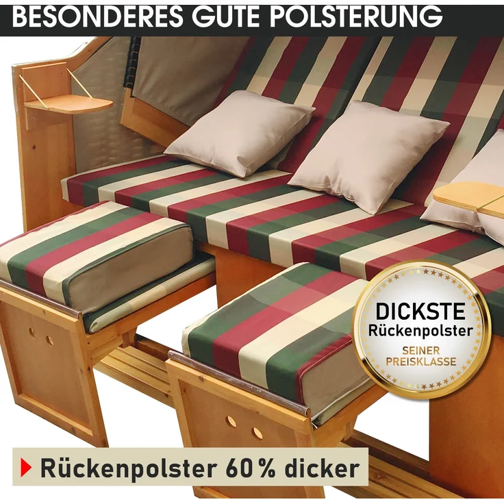 BRAST Strandkorb Usedom 3-Sitzer XXL für 2-3 Personen 165cm breit inkl. wetterfeste Abdeckhaube verstellbare Rückenlehne Fußkissen Rot/Grün/Beige - kariert – Bild 10