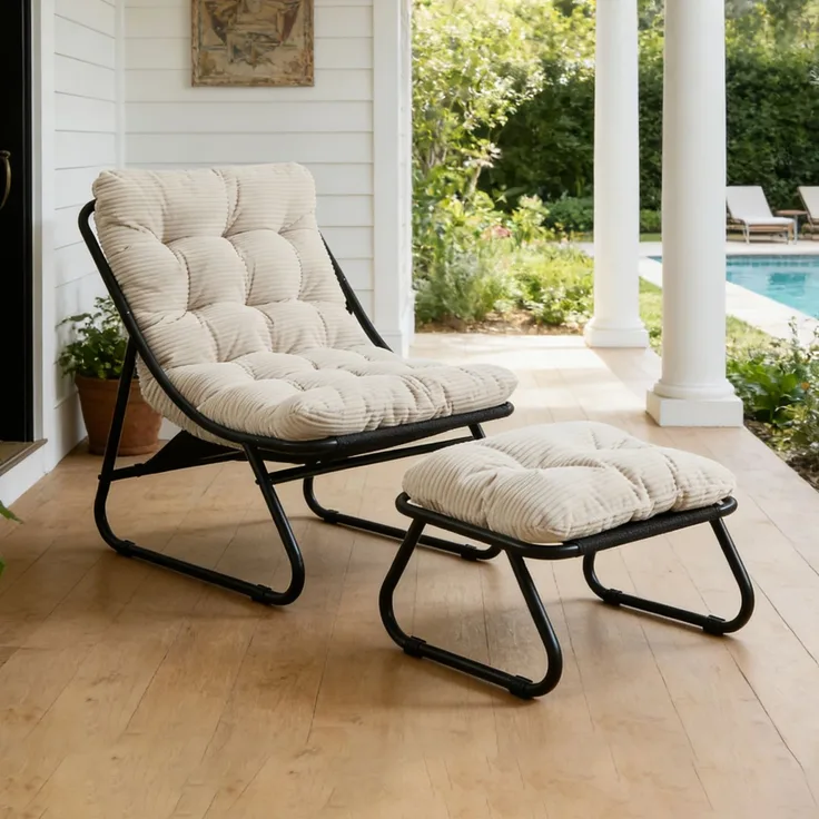 LVHOM Sessel mit Hocker, Gepolsterter Loungesessel aus Cord mit Metallgestell, ergonomischer Relaxsessel für Wohnzimmer und Schlafzimmer, Weiß