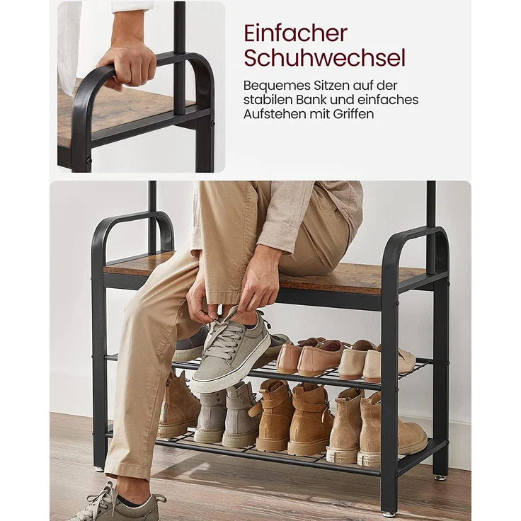 Garderobenständer, Freistehender Flurbaum, Garderobenständer mit abnehmbaren Haken, Sitzbank und Schuhregal, Höhe 183 cm – Bild 7