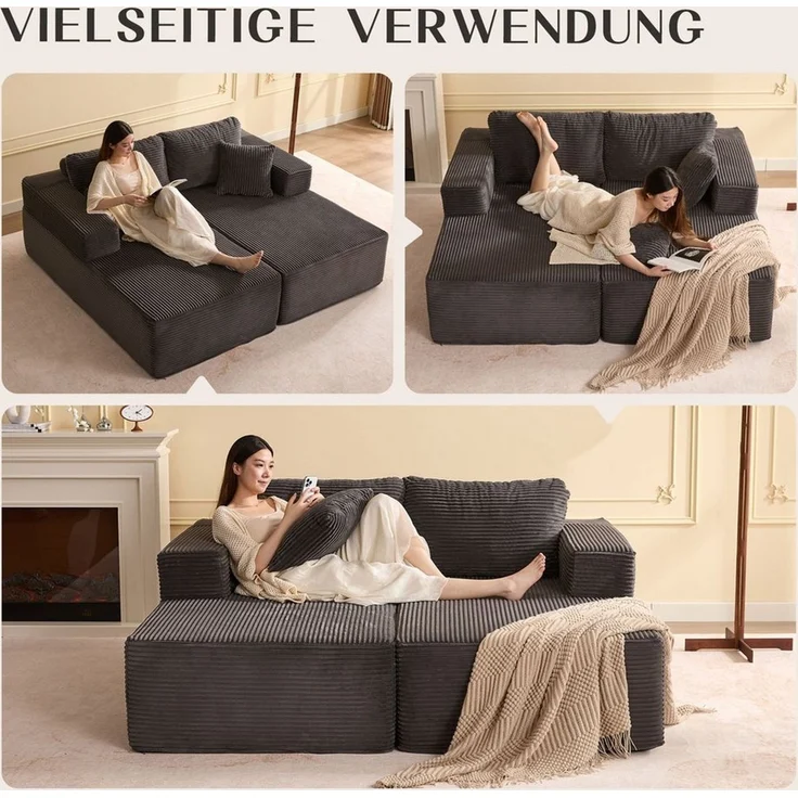LITBIRD Sofa Modulares L-förmiges Ecksofa, rahmenloses Schlafsofa, montagefrei, 2 Teile, extra tiefe Sitzfläche, Doppel-Recamiere, ideal für Wohnzimmer – Bild 3