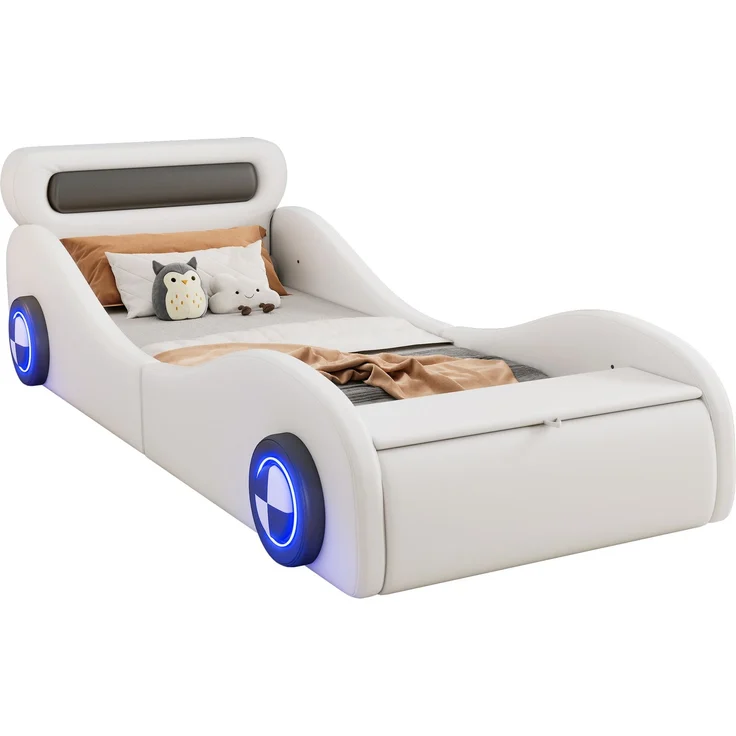 Merax Polsterbett, 90x200cm Einzelbett, Kinderbett, Jugendbett, Polsterbett in Form eines Autos mit leuchtenden Rädern und Stauraum, PU, Ohne Matratze, Weiß – Bild 10