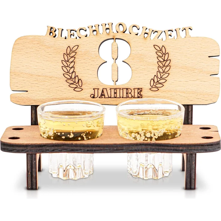 DARO Design - Schnapsbank 8. Hochzeitstag Blechhochzeit Geschenk Deko für Paare Männer Frauen aus Holz mit Gläsern