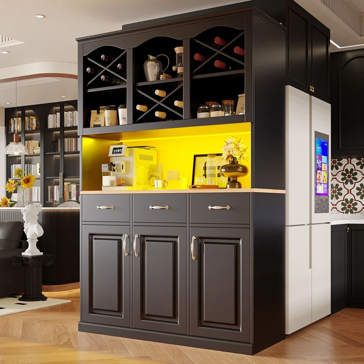 EINHOM Küchenschrank (120 x 40 x 180 cm), Hohes Küchenbuffet, Mehrzweckbuffet, Snackschrank, Aufbewahrungsmöbel mit drei Türen, Drei Schubladen und LED-Beleuchtung, Schwarz – Bild 1