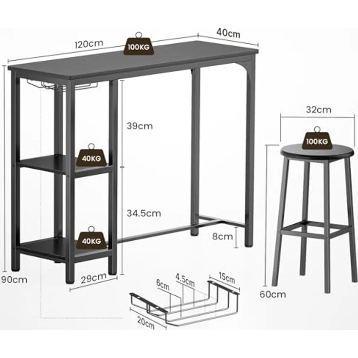 Bealife Bartisch mit Barhocker-Set, Kneipentisch-Set mit 2 Ablagen und Glashalter, Küchen-Bartisch-Set für Küche, Wohnzimmer, Esszimmer (Schwarz) – Bild 5