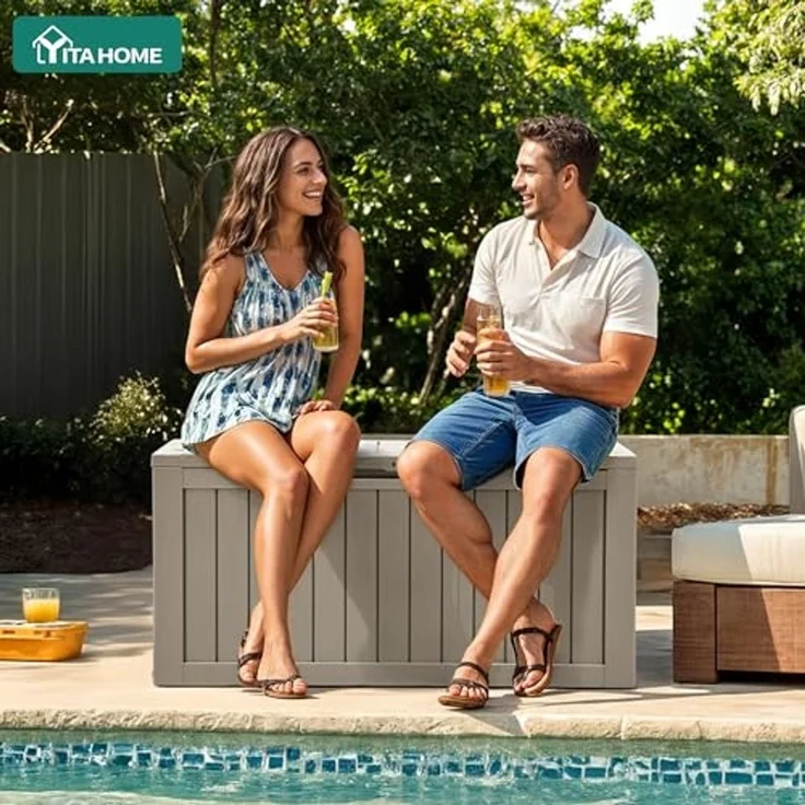 YITAHOME Outdoor-Aufbewahrungsbox mit Rollen, 270L Kunststoff-Gartenbox, Wetterfeste Aufbewahrungskiste für Kissen, Werkzeug & Poolzubehör, Abschließbar, Holzoptik, 114,7 x 46,5 x 57,6 cm, Hellbraun – Bild 3
