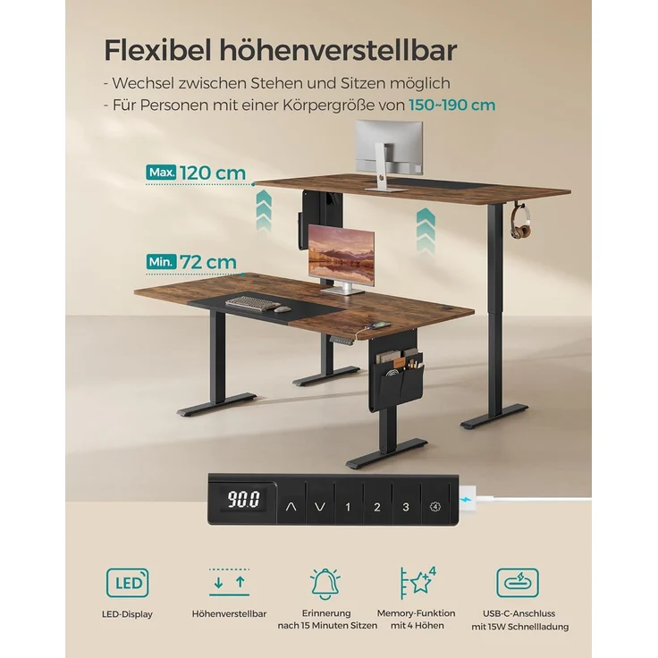 SONGMICS Höhenverstellbarer Schreibtisch elektrisch, 180 x 80 cm, stufenlos verstellbar, Memory-Funktion mit 4 Höhen, USB-C-Anschluss, vintagebraun-mattschwarz – Bild 4