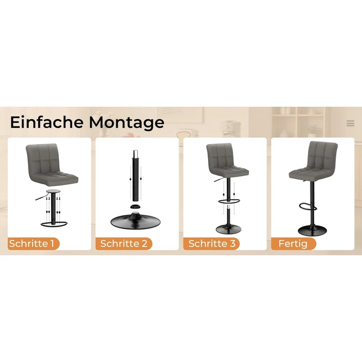 Botifly 2er Set Barhocker Grau Kunstleder, Höhenverstellbar 60-80cm, 360° Drehbare Barstühle mit Fußstütze, SGS-zertifizierte Gasdruckfeder, für Küche, Bar & Theke – Bild 8