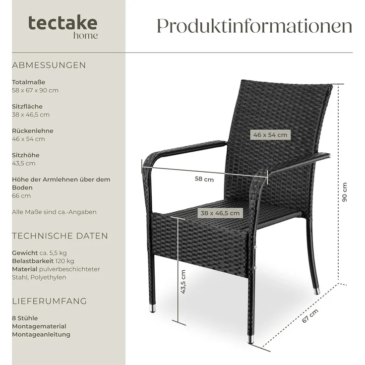 tectake Rattanstuhl Gartenstuhl Girona, stapelbar, Belastbarkeit 120 kg, 58 x 67 x 90 cm (Set, 8 St), Pulverbeschichtetes Stahlgestell für enorme Stabilität – Bild 2