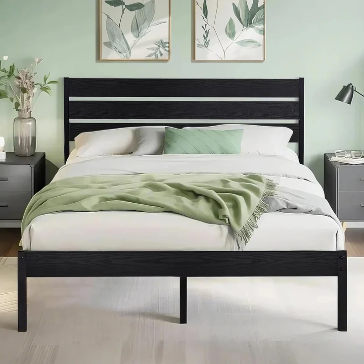 VECELO Bettgestell 140x200 cm, Metallbett mit Dick Holzkopfteil und Lattenrost, Doppelbett mit Stauraum unter dem Bett, perfekt für Schlafzimmer, Schwarz – Bild 1
