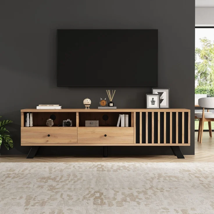 TV-Schrank 150 cm mit Holzmaserung in Natur & Schwarz – Fernsehschrank mit 2 Schubladen, 1 Schrank & offenen Fächern – Bild 4