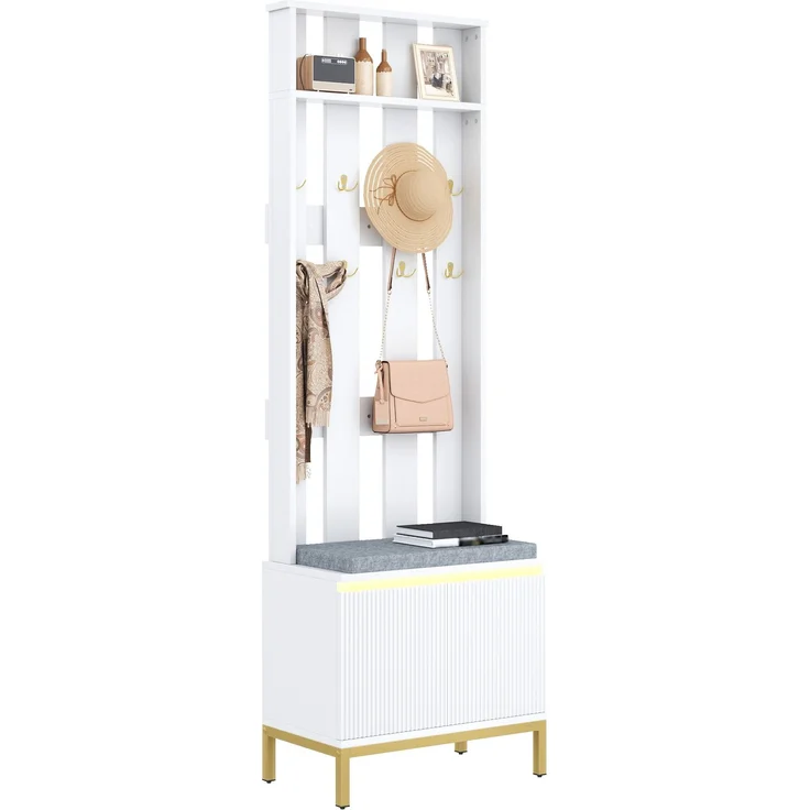 DESVIAE Garderobenschrank Weiß aus MDF/Spanplatte – 60x191,5x35,5 cm – LED-Beleuchtung, 8 Doppelhaken – Bild 7