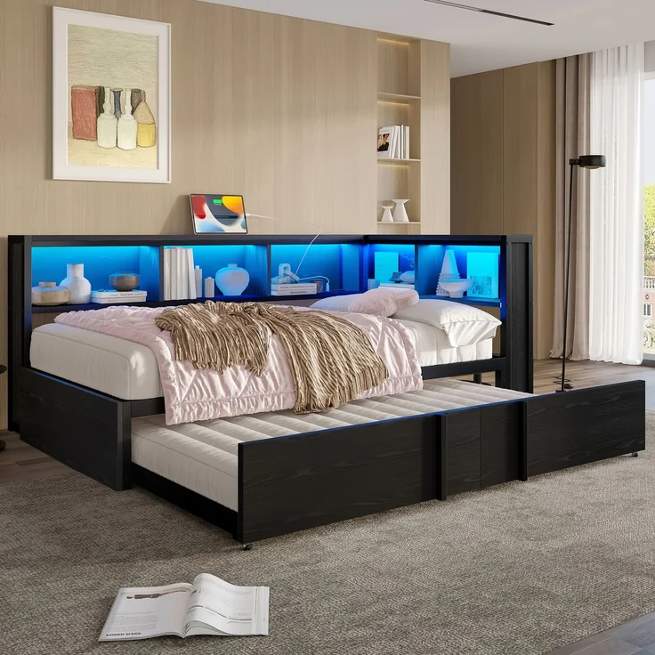 EINHOM Metall-Tagesbett, 90 x 200 cm, mit Ausziehbett, Stauschränken, LED-Beleuchtung und USB-Anschlüssen, Schwarz (Ohne Matratze) – Bild 4