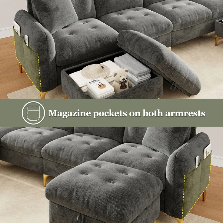 ZUBALIYA SchlafSofa mit Stauraum, mit Chenille - Bezug, mit Samtbezug, mit Knopfheftung, mit breiten Armlehnen, Grau – Bild 7
