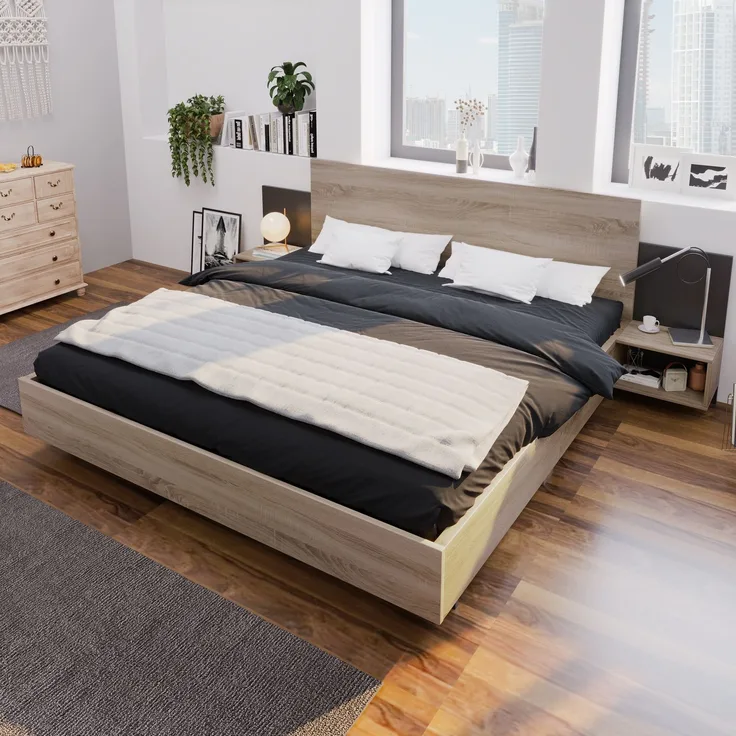 (=280708AAE)Doppelbett Holzbett Bettanlage 160 x 200 cm mit 2 Nachtkommoden Modernes Bett inkl, 2 Nachttischen Schlafzimmer Komplett-205.5x235x76.5 cm(T/B/H) Set in Eiche Sonoma/Dunkelgrau--Dunkelgrau, Holz--205.5x235x76.5cm--YOUDENOVA