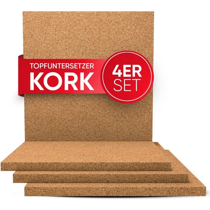 wortek Topfuntersetzer Kork Untersetzer Pfannen Töpfe Teller Gläser Unterlage, Zubehör für Töpfe und Pfannen und Teller und Vasen & Co, Set, 4-tlg, eckig