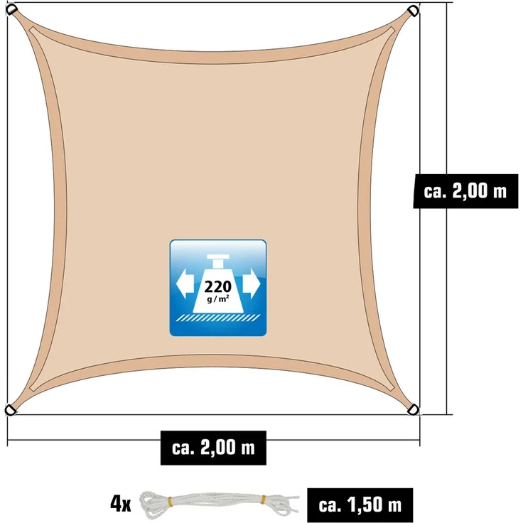 2x2m UV Sonnensegel Atmungsaktiv mit Befestigung Beige – Bild 3