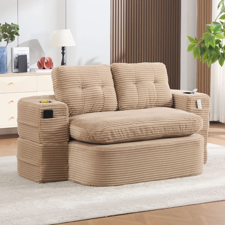 EINHOM Schlafsessel 2-in-1 aus Cord, Schlafsofa mit Liegefunktion, Komprimiertes Bodensofa mit Verstellbaren Armlehnen, 2 Getränkehaltern, Hoher Rückenlehne und Extra Tiefer Sitzfläche, Khaki – Bild 1