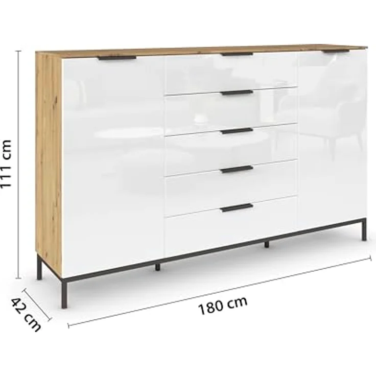 Rauch Möbel Flipp, Kommode mit Stauraum für Wohnzimmer, Schlafzimmer, Flur, 4 Fachböden, mit Metallkufe graphit, Eiche Artisan/Glasfront Weiß, 2-türig, 5 Schubkästen, Griffe graphit, 180 x 111 x 42 cm – Bild 4