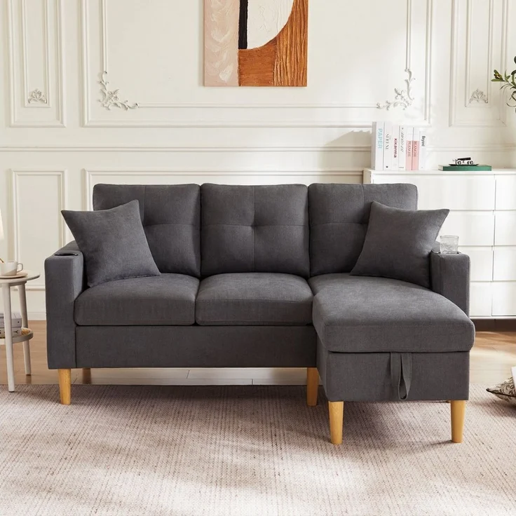 Merax 3-Sitzer Ecksofa Eckcouch in L-Form Eckgarnitur, L-förmiges Sofa aus Baumwoll- und Leinenstoff, 175*129*90cm 1 Teile, 3-Sitzer-Sofa mit integriertem Stauraum, Getränkehaltern und 2 Kissen – Bild 2