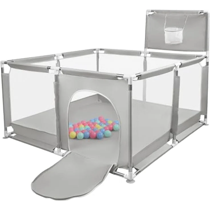 Laufstall aus Oxford-Stoff für kleine Kinder mit Barrieren und 50 Bällen, Basketballgestell, 4 Saugnäpfen, 126 x 126 x 66 cm, hellgrau – Bild 4