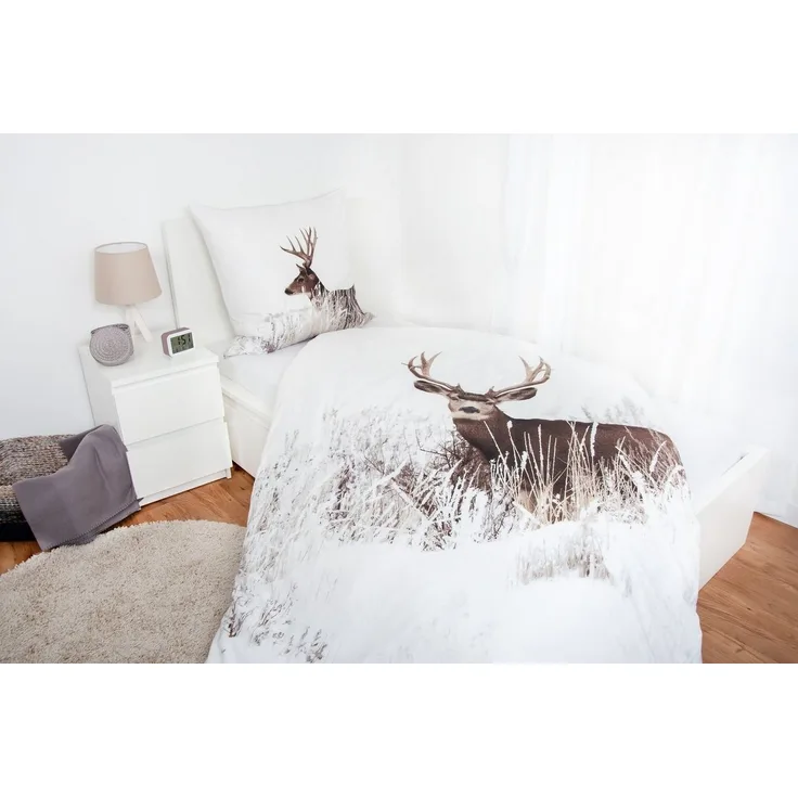 Herding Kinderbettwäsche Hirsch Bettwäsche Set Winterlandschaft 2tlg. 135x200 cm 100% Baumwolle
