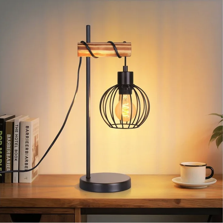 Nettlife Tischleuchte Vintage Industrie Metall Holz Schwarz E27 50cm Retro Nachttischleuchte, mit Kippschalter, LED wechselbar, ohne Leuchtmittel, Wohnzimmer Schlafzimmer Kinderzimmer Esszimmer