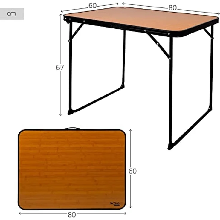AKTIVE Hoher Klapptisch, 80 x 60 x 67 cm, Kippschutz, Stahlrahmen, MDF-Tischplatte in Bambusoptik, Tragegriff, Camping-, Strand-, Gartentische (63017) – Bild 2