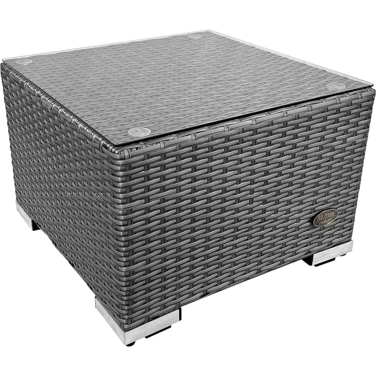 RS Trade® 'Toscana' Polyrattan Beistelltisch mit verstärktem Alu-Gerüst und Temperglas Tischplatte, mit Spannbändern und höhenverstellbaren Standfüßen, grau