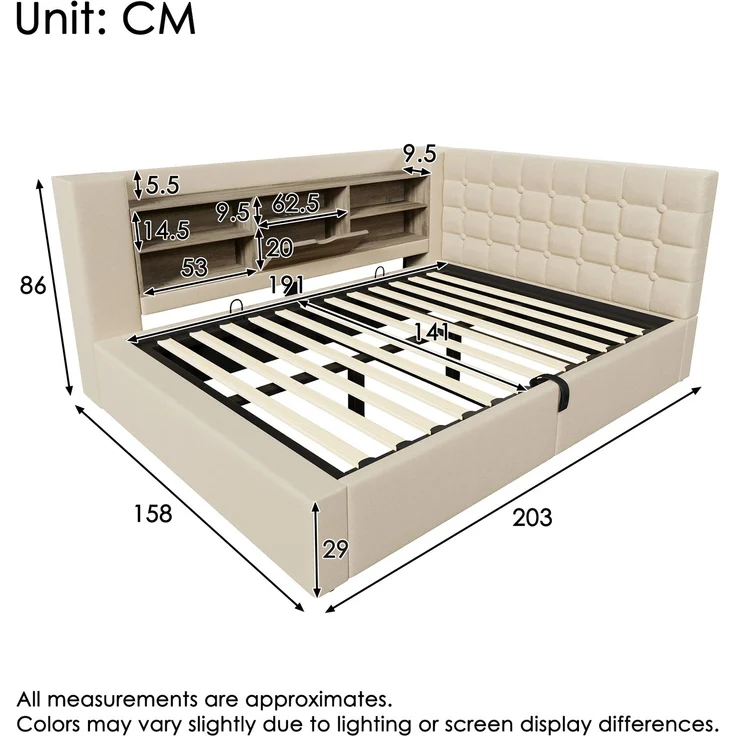 EINHOM Polsterbett 140 x 190 cm Einzelbett mit LED-Beleuchtung, Hydraulischem Stauraum, L-Förmigem Kopfteil mit Stauraum, Beidseitig Montierbar, Lattenrost, Leinenstoff, Beige, (Ohne Matratze) – Bild 2