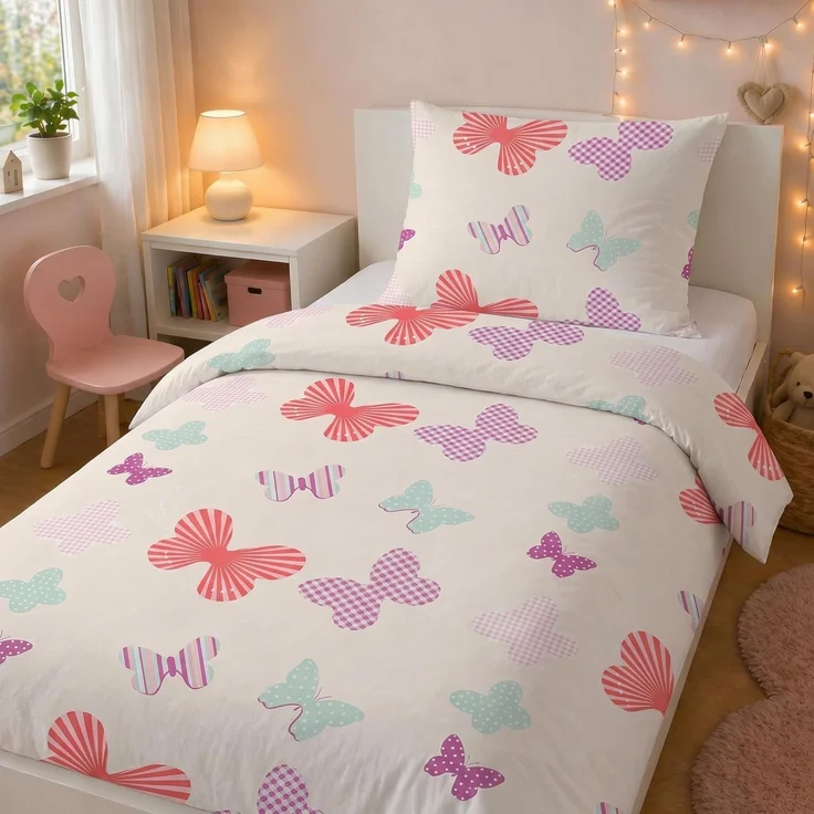 LINKHOFF Kinderbettwäsche Schmetterling Bettwäsche 135x200, 100% Baumwolle Mädchenbettwäsche Schmetterlinge Rosa Butter + Kissen – Bild 1