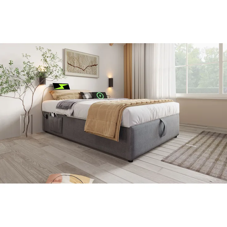Polsterbett Bettgestell mit Stauraum & USB-Anschluss, 91x192x29 cm, Grau, ohne Matratze