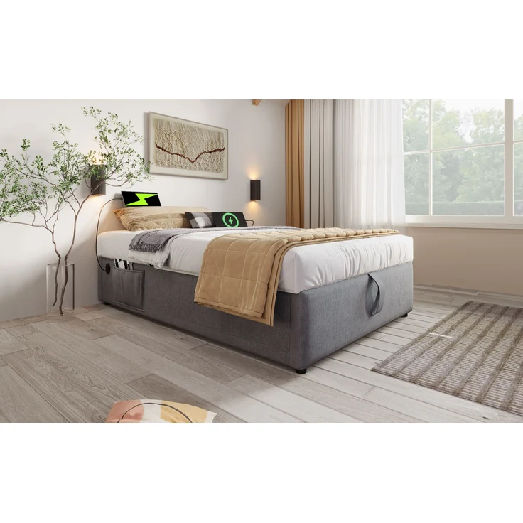 Polsterbett Bettgestell mit Stauraum & USB-Anschluss, 91x192x29 cm, Grau, ohne Matratze – Bild 1