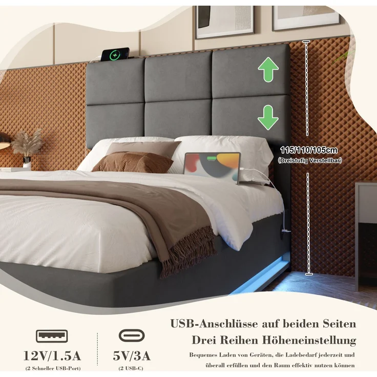 Polsterbett 90x200 cm mit LED, USB-Anschluss und Stauraum – Samt in Dunkelgrau, Ohne Matratze – Bild 9
