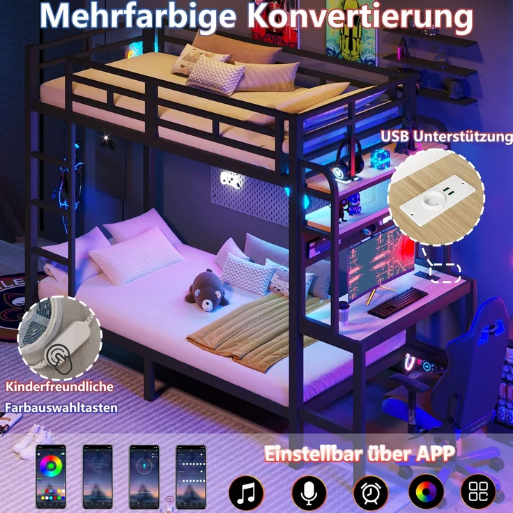 Etagenbett, 90x200 cm, Eisenrahmen, Ablagefach, Schreibtisch, mit LED-Lichtleiste, USB-Anschluss, Sicherheitsgeländer, Leiter, ohne Matratze, schwarz – Bild 6