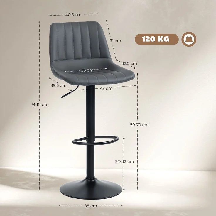 Barhocker 2er-Set im Retrodesign, mit Fußstütze, höhenverstellbar, 43 cm x 49,5 cm x 111 cm--Dunkelgrau--111x49.5x43cm--YOUDENOVA – Bild 5