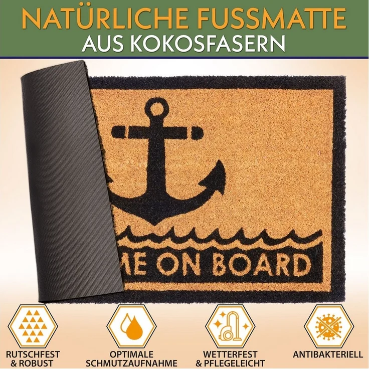BRUBAKER Fußmatte Welcome on Board - 45 x 75 cm Schmutzfangmatte - Anker, Rechteckig, Höhe: 15 mm, Fußmatte für Außen und Innen aus Kokos - Wetterfest und Rutschfest – Bild 2