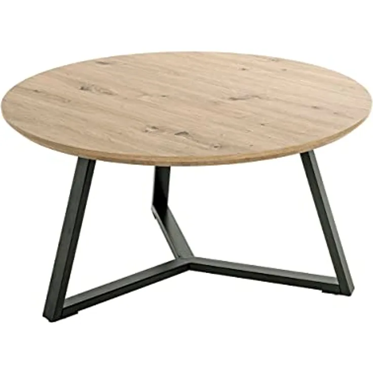XXXL Couchtisch, rund und eckig, Schwarz mit Eiche und Metall, 80 cm Durchmesser, Industrial-Style, bis 20 kg belastbar