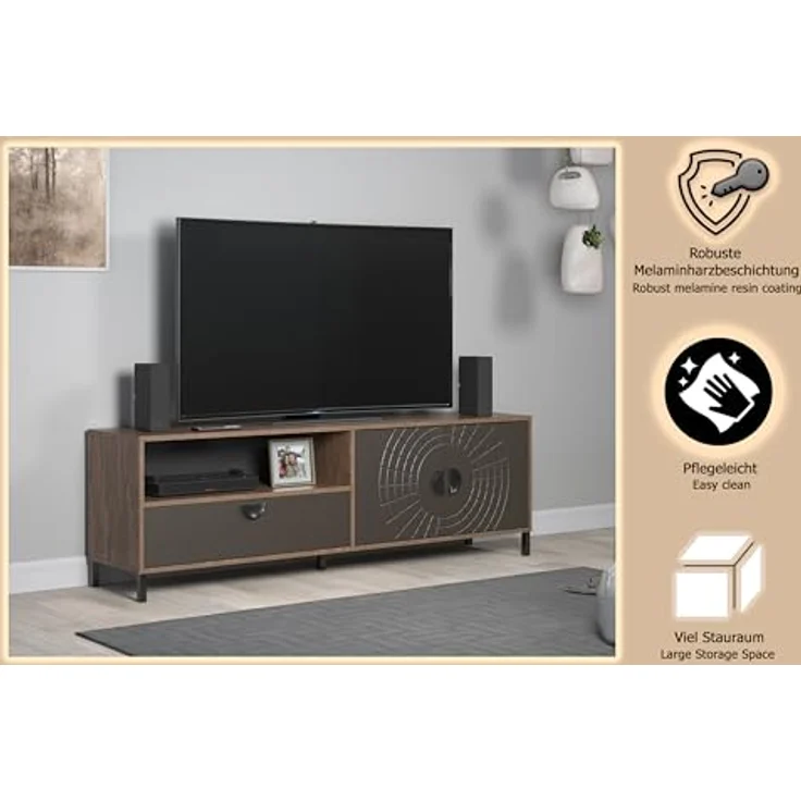 trendteam smart living - Fusion - TV-Schrank - Rostoptik/Perlbronze - TV-Unterteil mit 2 Türen, 2 Einlegeboden, 1 Schublade und 1 offenem Fach - (BxHxT) 183 x 55 x 40 cm - für TV 65-75 Zoll – Bild 7