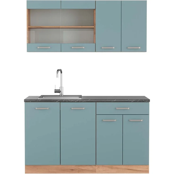 Singleküche R-Line Blau-Grau/Goldkraft Eiche 140 cm , AP Anthrazit Vicco – Bild 1