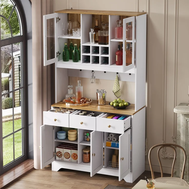 Hochschrank aus MDF mit Glastüren & Schubladen, 94,5x30x175,5 cm, Weiß/Holzoptik – Bild 5