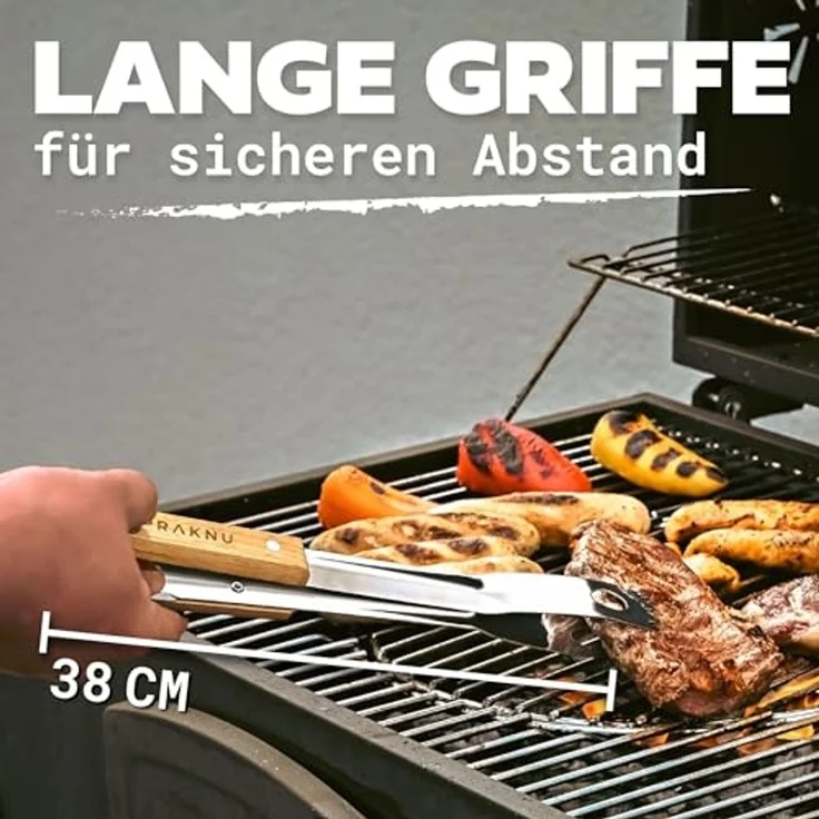 Praknu Grillbesteck-Set mit Holzgriffen und Tragetasche - Hitzebeständig, Rostfrei und Robust, (4-teiliges Set, 4 tlg, 1x Grillzange, Grillwender, Grillgabel, Grillbürste, Tragetasche), Lange Griffe (38cm), Spülmaschinenfest, inkl. Aufbewahrungstasche – Bild 2