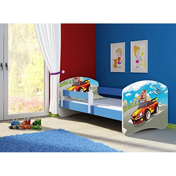 ACMA Kinderbett Jugendbett mit Einer Schublade und Matratze Blau mit Rausfallschutz Lattenrost II 140x70 160x80 180x80 (03 Racing Car, 140x70) – Bild 3