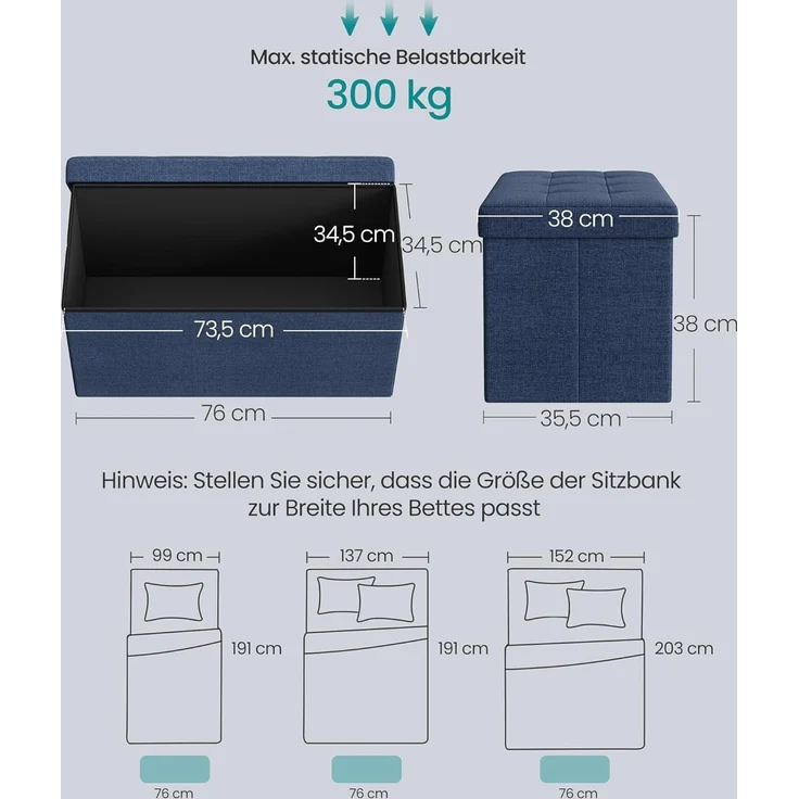 Sitzbank mit Stauraum, 76 cm, klappbare Sitztruhe, Aufbewahrungsbox, Fußbank, Dunkelblau – Bild 2