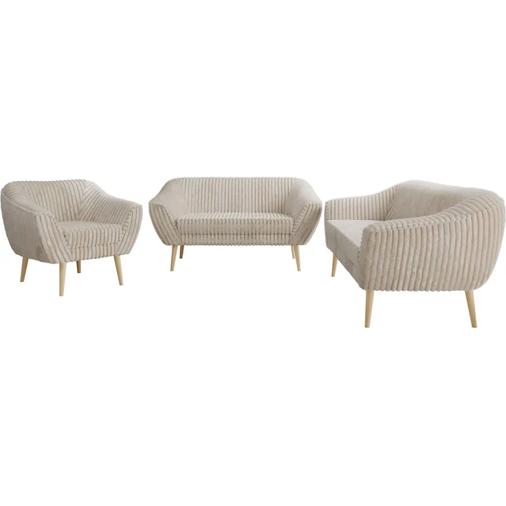 Wohnzimmerset PIRS 1-2-3, Skandinavisches Komplettset, Wellenfederung, Buche Füße, Sitzgruppe, Möbelset - Beige Cord – Bild 7