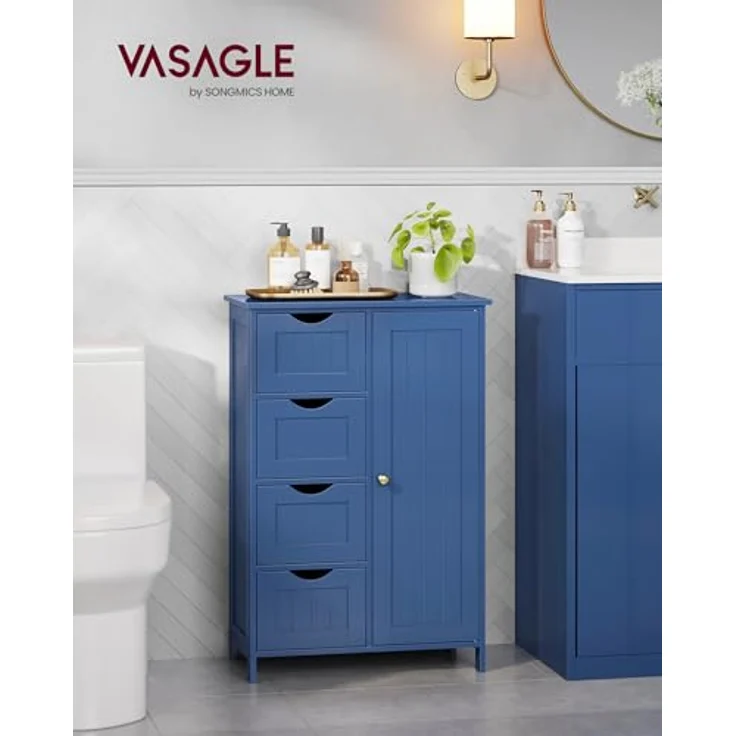 Vasagle Badezimmerschrank, schmaler Badschrank, Beistellschrank, Kommode, mit Schubladen, Schranktür, verstellbare Ablage, x x cm,, Hafenblau, 3 – Bild 4