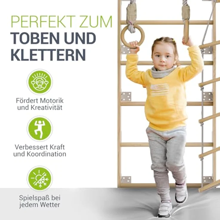 Juskys Sprossenwand für Kinder - mit Klimmzugstange, Indoor Klettergerüst mit Turnringen und Strickleiter, Kletterwand fürs Kinderzimmer, Turnstange – Bild 6