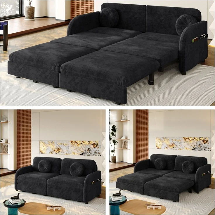 Schlafsofa 166x84x90 cm in Schwarz, 3-in-1 ausziehbar mit Stauraum und Chenillebezug – Bild 4