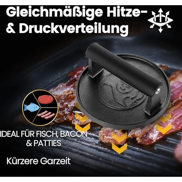 Gourmet Easy Burgerpresse Gusseisen antihaft | Großer Burger Smasher (Ø15cm) mit hitzeabweisendem Griff | Fleischbeschwerer für schmackhafte Hamburger & Smash Burger | Smash burgerpresse | Smasher – Bild 3