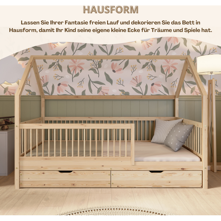 Crazy Pine 'Crazy Folly+' Hausbett mit hohem Rausfallschutz, Holz natur, 90x200 cm, mit Schublade – Bild 8